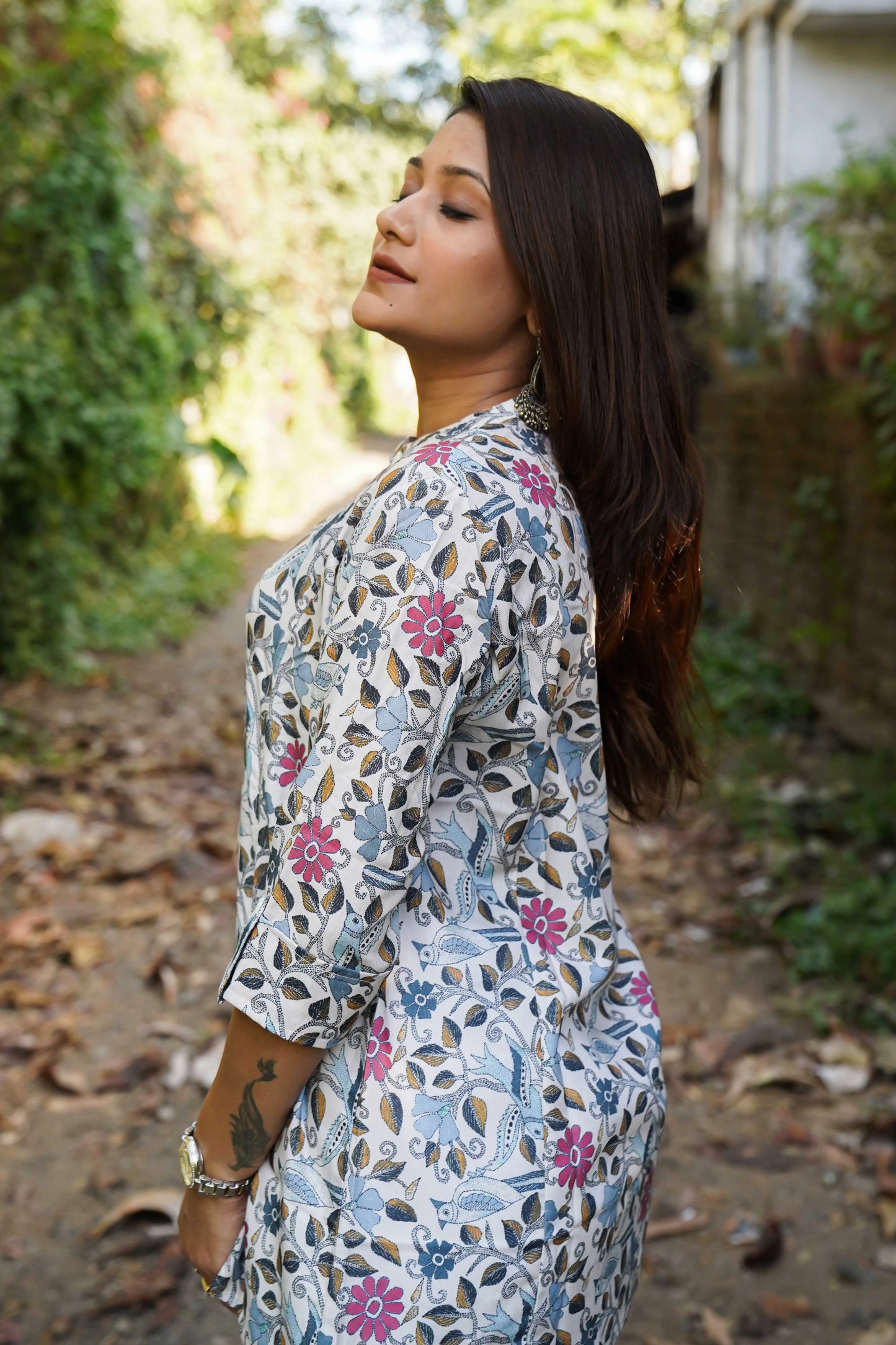 Camel Beige Floral Printed Tunic Top for Women