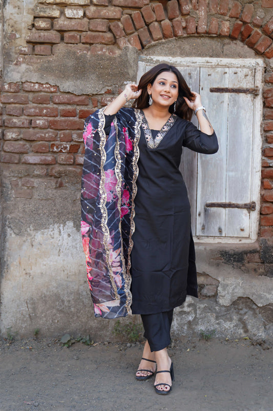Black Floral Printed Viscose Rayon Kurta Set with Dupatta