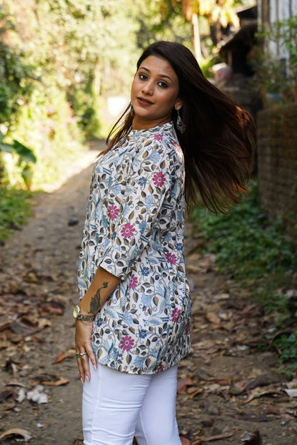 Camel Beige Floral Printed Tunic Top for Women