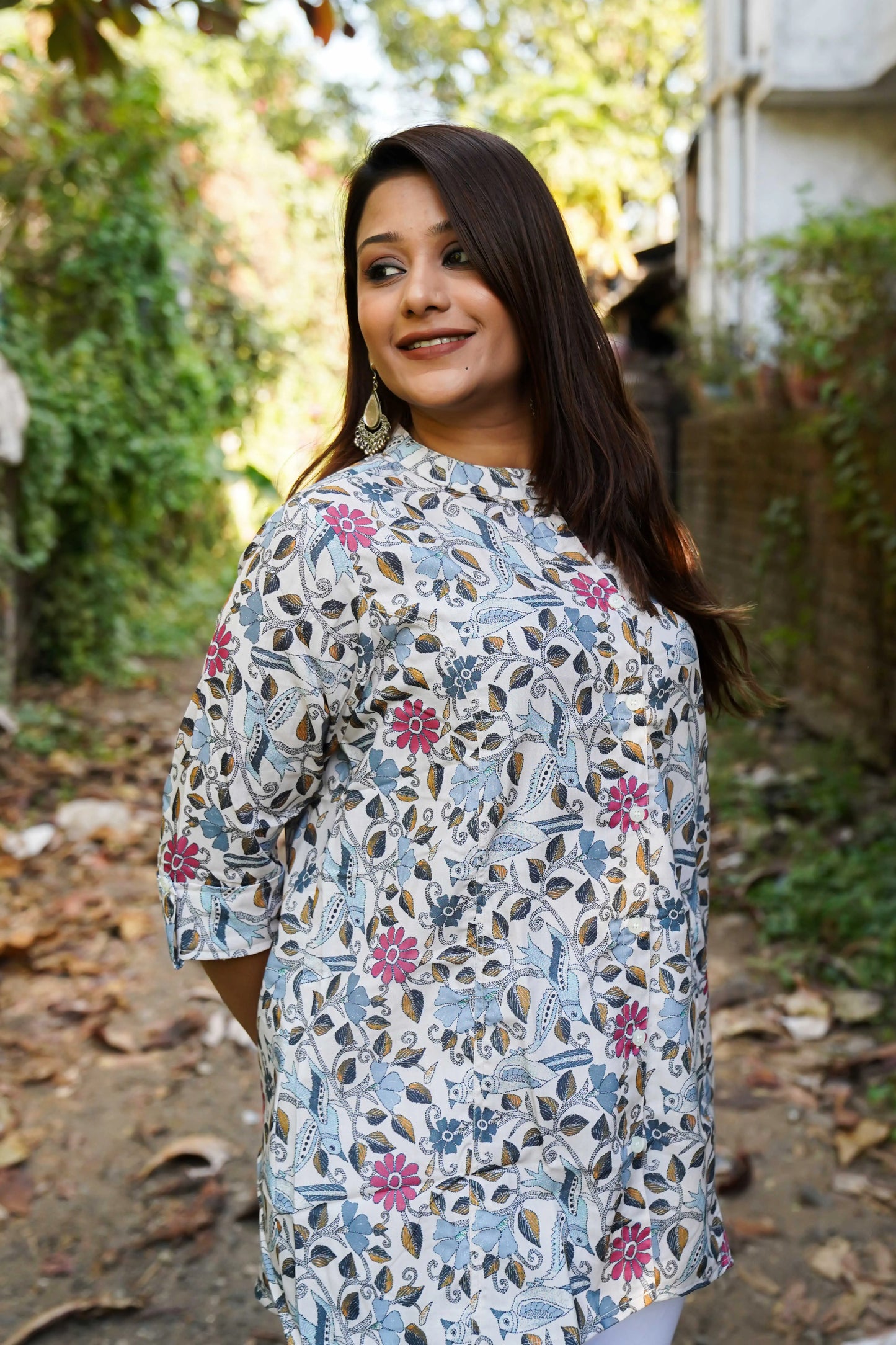 Camel Beige Floral Printed Tunic Top for Women