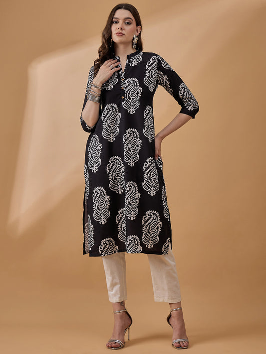Black &amp; White Ethnic Printed Kurta for Women