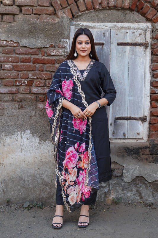 Black Floral Printed Viscose Rayon Kurta Set with Dupatta
