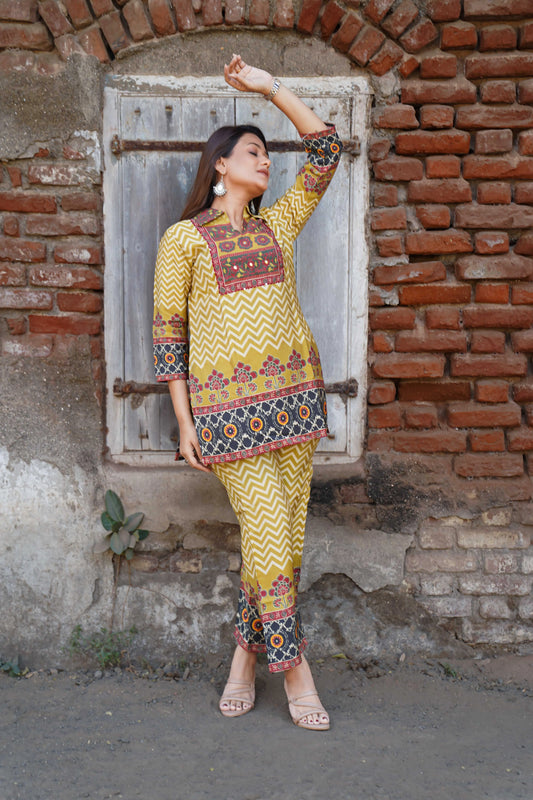 Mustard Yellow Printed Co-Ord Set for Women | Imported Fabric Kurta Pant Set