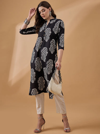 Black &amp; White Ethnic Printed Kurta for Women