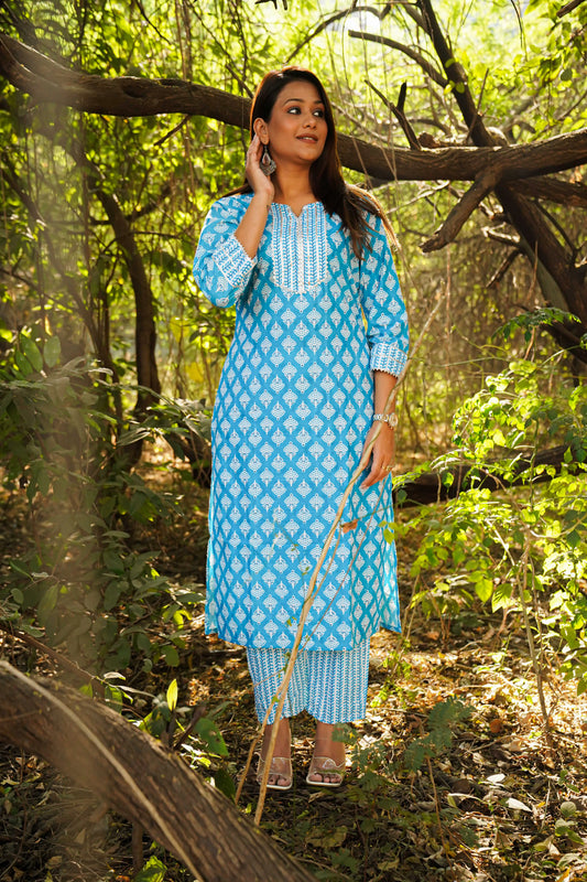 Firozi Blue Printed Cotton Blend Kurta Set for Women