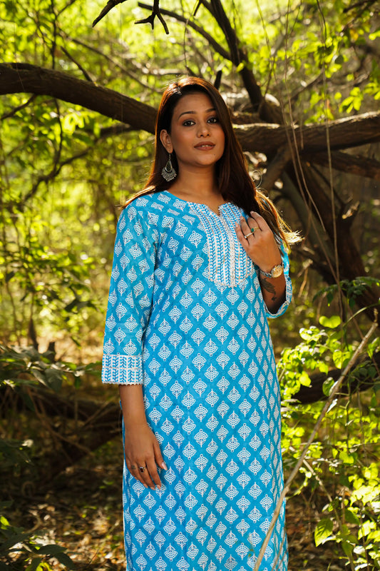 Firozi Blue Printed Cotton Blend Kurta Set for Women