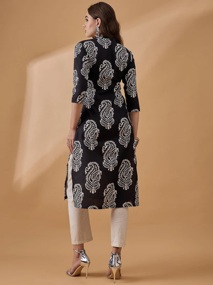 Black &amp; White Ethnic Printed Kurta for Women