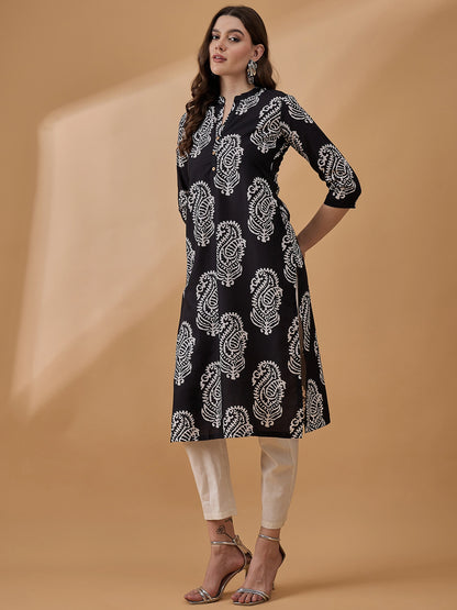 Black &amp; White Ethnic Printed Kurta for Women