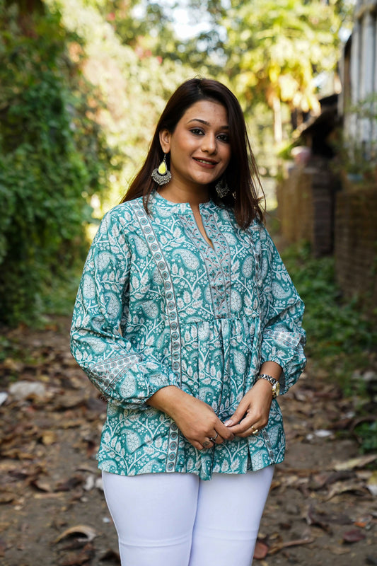 Amrit Rama Green Printed Peplum Top for Women